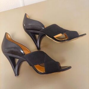 BRONX Shleby BLACK GENUINE LEATHER Womens Peep-toe Heels SIZE 38 / 7.5  BRAZIL